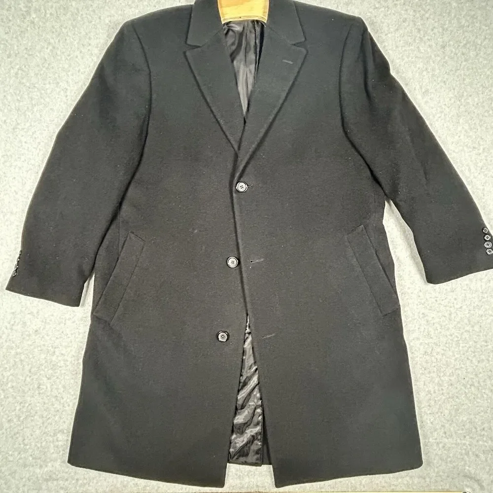 Mens Black Chaps Wool Blend Long Trench Pea Coat Sz 44L‎ Winter